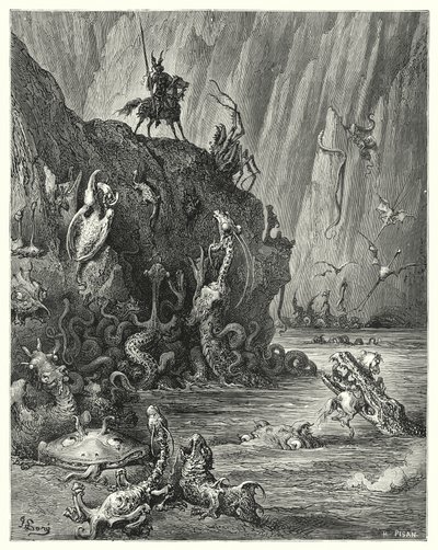 古斯塔夫·多尔 (Gustave Dore) 的《堂吉诃德》：“一个巨大的沸腾的沥青湖，其中无数凶猛可怕的生物来回穿梭”（版画） 作者 古斯塔夫·多尔（Gustave Dore）