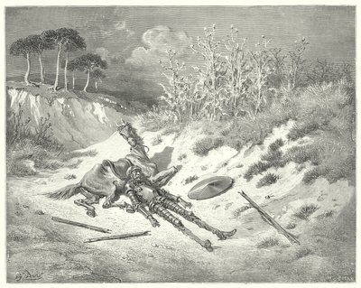 古斯塔夫·多尔 (Gustave Dore) 的《堂吉诃德》：“唉！亲爱的女士，你在哪儿呢，难道你不为我的悲哀而呻吟吗？” （雕刻） 作者 古斯塔夫·多尔（Gustave Dore）