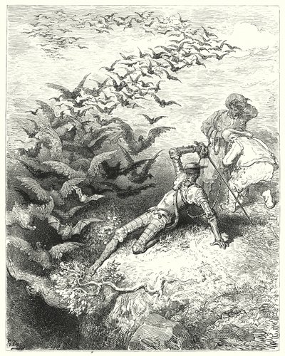 Gustave Dores Don Quixote: "An infinite number of overgrown crows and daws came rushing and fluttering out of the cave" (engraving) 作者 古斯塔夫·多尔（Gustave Dore）