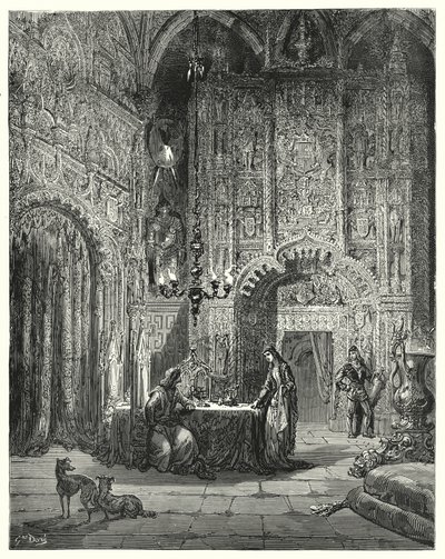 Gustave Dores Don Quixote: "Another damsel comes into the room, and begins to inform him what castle that is, and how she is enchanted in it" (engraving) 作者 古斯塔夫·多尔（Gustave Dore）