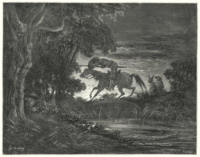 古斯塔夫·多尔 (Gustave Dore) 的《唐吉诃德》：“唐吉诃德伴随着他勇敢的心，扑向罗齐南特”（版画） 作者 古斯塔夫·多尔（Gustave Dore）