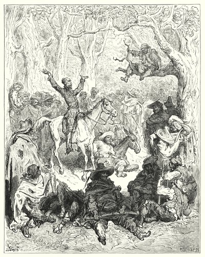 古斯塔夫·多尔 (Gustave Dore) 的《堂吉诃德》：“堂吉诃德骑在罗齐南特 (Rozinante) 上，大声疾呼反对他们的生活方式”（版画） 作者 古斯塔夫·多尔（Gustave Dore）