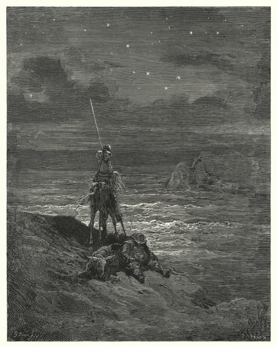 古斯塔夫·多尔 (Gustave Dore) 的《唐吉诃德》：“唐吉诃德留在那里，等待天亮”（雕刻） 作者 古斯塔夫·多尔（Gustave Dore）