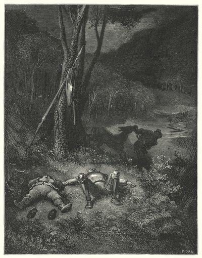 古斯塔夫·多尔 (Gustave Dore) 的唐吉诃德 (Don Quixote)：“对感恩和人性都陌生的吉内斯 (Gines) 决心骑走桑乔的屁股”（版画） 作者 古斯塔夫·多尔（Gustave Dore）