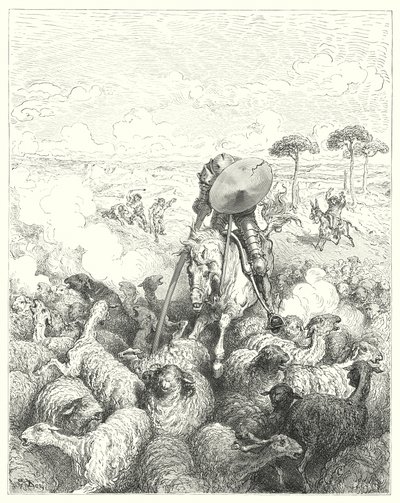 古斯塔夫·多尔 (Gustave Dore) 的《唐吉诃德》：“他向绵羊中队发起进攻”（版画） 作者 古斯塔夫·多尔（Gustave Dore）