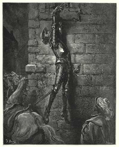 古斯塔夫·多尔 (Gustave Dore) 的《唐吉诃德》(Don Quixote)：“他的手腕没有牢牢系在绳子上，不可避免地倒在地上”（雕刻） 作者 古斯塔夫·多尔（Gustave Dore）