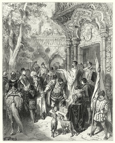 古斯塔夫·多尔 (Gustave Dore) 的《唐吉诃德》：“他在离别时亲吻了公爵和公爵夫人的手，并收到了主人的祝福”（版画） 作者 古斯塔夫·多尔（Gustave Dore）