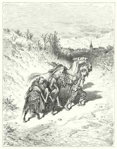 古斯塔夫·多尔 (Gustave Dore) 的唐吉诃德 (Don Quixote)：“他带领他们所有人向村子走去，自己艰难地走了一英尺，非常沉思”（版画） 作者 古斯塔夫·多尔（Gustave Dore）
