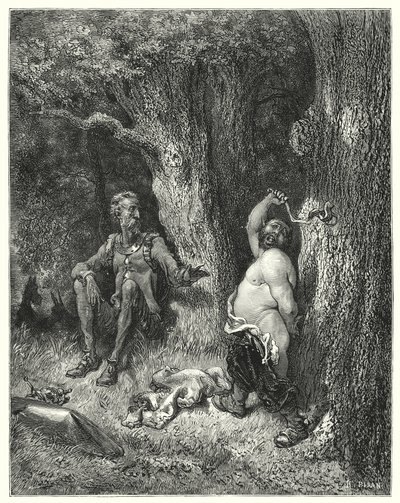 古斯塔夫·多尔 (Gustave Dore) 的《唐吉诃德》：“‘等一下！’ 他喊道；“朋友桑乔，不要让你的手臂发怒”（版画） 作者 古斯塔夫·多尔（Gustave Dore）