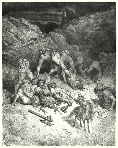Gustave Dores Don Quixote: "How Felixmarte cut off five giants by the middle" (engraving) 作者 古斯塔夫·多尔（Gustave Dore）