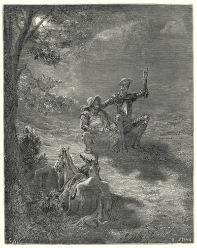 古斯塔夫-多雷斯-堂吉诃德："在这样的讨论中，他们度过了大半夜"（版画）。 作者 古斯塔夫·多尔（Gustave Dore）