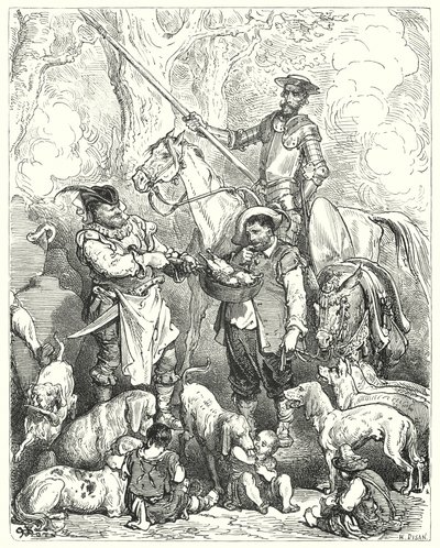 古斯塔夫·多尔 (Gustave Dore) 的《唐吉诃德》(Don Quixote)：“转移到肚子里，直到晚餐准备好为止”（雕刻） 作者 古斯塔夫·多尔（Gustave Dore）