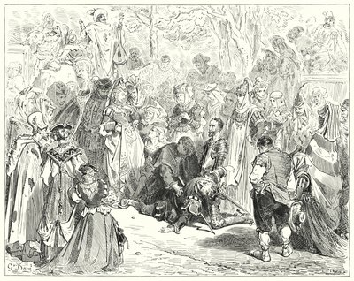 古斯塔夫·多尔 (Gustave Dore) 的《唐吉诃德》：“可怜的处女，一言不发地颤抖和沮丧，来到可怜的巴兹尔身边”（版画） 作者 古斯塔夫·多尔（Gustave Dore）