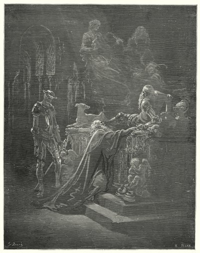 古斯塔夫·多尔 (Gustave Dore) 的《堂吉诃德》：“可敬的蒙特西诺斯跪在受苦的骑士面前”（版画） 作者 古斯塔夫·多尔（Gustave Dore）