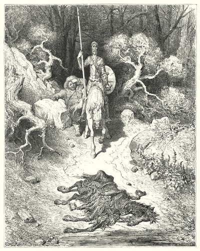 古斯塔夫·多尔 (Gustave Dore) 的《唐吉诃德》：“他们来到公园，发现一头死骡子”（版画） 作者 古斯塔夫·多尔（Gustave Dore）