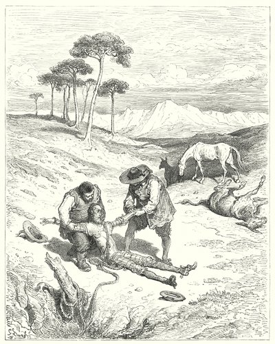 古斯塔夫·多尔 (Gustave Dore) 的《唐吉诃德》：“他们发现他的眼睛是闭着的，好像睡着了”（版画） 作者 古斯塔夫·多尔（Gustave Dore）