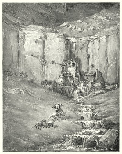 古斯塔夫·多尔 (Gustave Dore) 的《唐吉诃德》：“当他们走近时，即使是耐心的罗齐南特本人也听到可怕的声音”（雕刻） 作者 古斯塔夫·多尔（Gustave Dore）