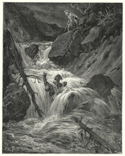 古斯塔夫·多尔 (Gustave Dore) 的《唐吉诃德》：“我用一点力气把他推下悬崖，然后离开了他”（雕刻） 作者 古斯塔夫·多尔（Gustave Dore）