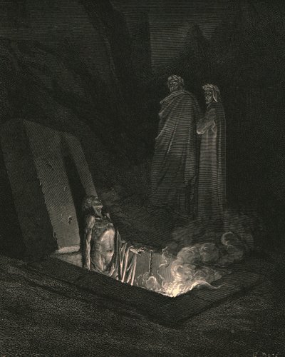 当我站在坟墓脚下时，他向我注视着一个空白，大约1890年。 作者 Gustave Dore