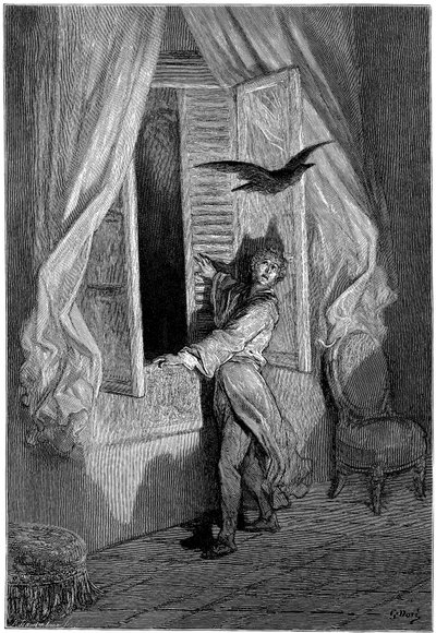 古斯塔夫-多尔（1832-1883 年）为埃德加-爱伦-坡的短篇小说《乌鸦》（The Raven）绘制的插图。这组作品是多尔于 1883 年完成的，也就是他去世的那一年，因此是他最近的作品之一。 作者 古斯塔夫·多尔（Gustave Dore）