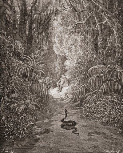 古斯塔夫-多尔（Gustave Dore）1832-1883 年为约翰-弥尔顿所著《失乐园》第九卷第 434 和 435 行绘制的插图，法国艺术家和插图画家 作者 古斯塔夫·多尔（Gustave Dore）
