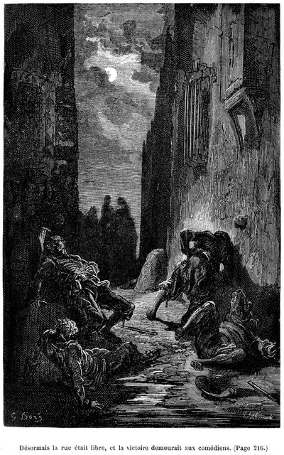 古斯塔夫-多尔（Gustave Dore）为西奥菲尔-戈蒂埃（Theophile Gautier）的小说《弗拉卡斯船长》（Le Capitaine Fracasse）绘制的插图--1883 年夏朋蒂埃版，与古斯塔夫-多尔（G. Dore）于 1866 年在同一出版社绘制的第一版插图几乎完全相同。章节 "剑、击球和其他冒险活动 作者 Gustave Dore