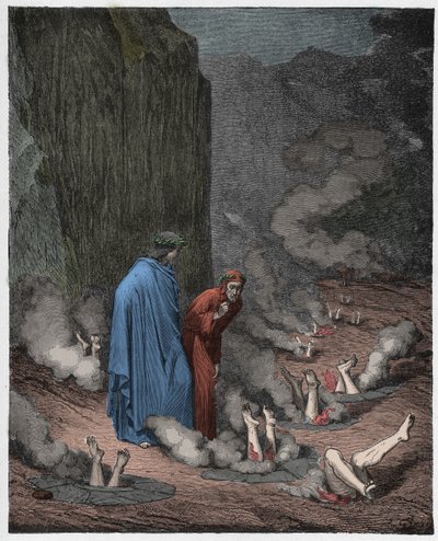 地狱，歌曲19：但丁谴责教皇尼古拉斯三世 作者 古斯塔夫·多尔（Gustave Dore）