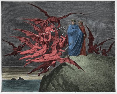 Inferno，Canto 21：恶魔威胁维吉尔，来自Dante Alighieri的“神曲”的插图，1885年 作者 古斯塔夫·多尔（Gustave Dore）