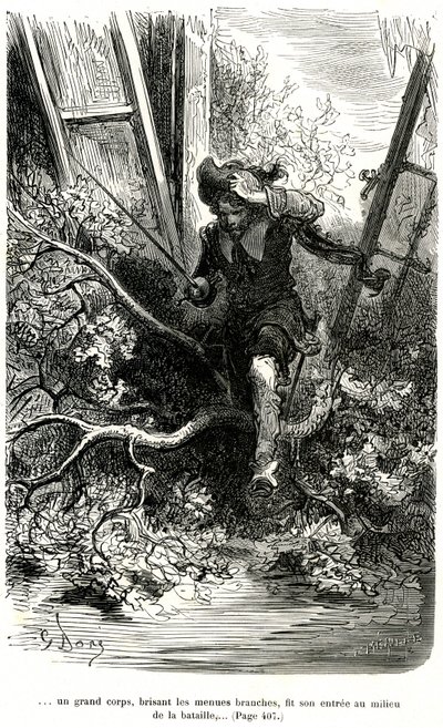 Jacquemin Lampourde 手持长枪，在战斗中冲锋陷阵。古斯塔夫-多尔（Gustave Dore）为西奥菲尔-戈蒂埃（Theophile Gautier）的披风和重剑小说《Le capitaine Fracasse》绘制的插图，1863 年夏朋蒂埃版。 作者 古斯塔夫·多尔（Gustave Dore）