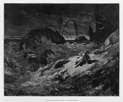 约拿被鲸鱼弹到陆地上，《多尔圣经》插图 作者 古斯塔夫·多尔（Gustave Dore）