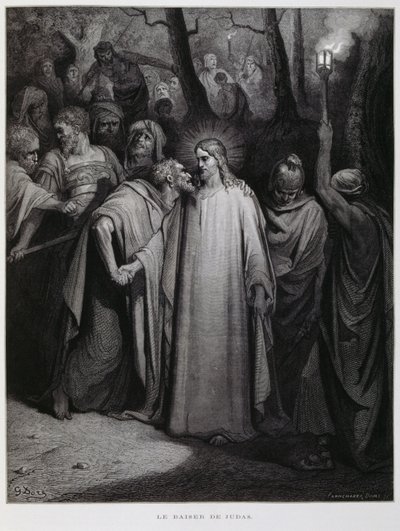 犹大用一个吻背叛了耶稣；插图选自《多尔圣经 作者 古斯塔夫·多尔（Gustave Dore）