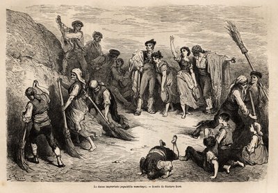 La seguidilla manchegas，或即兴舞蹈，在阿尔巴塞特（英吉利海峡省），来自不同地方的许多男女舞者聚集在一起，在 galliegada 中表演舞步（即在动作完成之前冻结一个人物），这里是 作者 古斯塔夫·多尔（Gustave Dore）