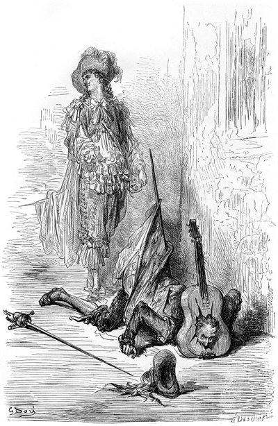 Leandre刚刚在Matamore的头上砸了一把吉他，为 "Fracass船长 "作插图 作者 古斯塔夫·多尔（Gustave Dore）