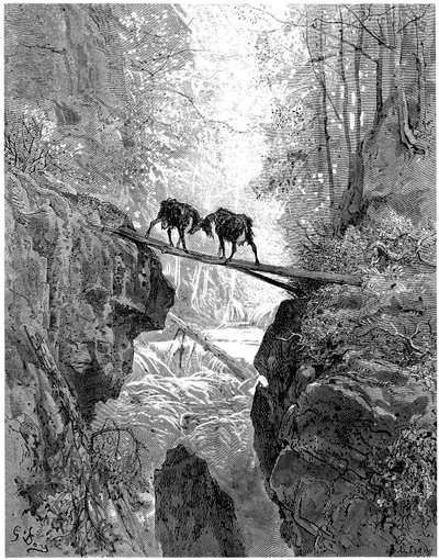 Les deux chevres: Jean de la Fontaine 的寓言故事，Gustave Dore 绘 - 森林、小溪、小溪 - 森林、小溪、小溪 作者 古斯塔夫·多尔（Gustave Dore）