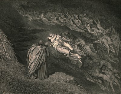 爱情使我们丧生：凯纳（Caina）等待灵魂，这分裂了我们的生活，c1890。 作者 Gustave Dore