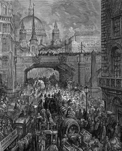 拉德盖特山来自 Gustave Dore 和 Blanchard Jerrold 伦敦：1872 年伦敦朝圣之旅。交通拥堵的场景、铁路高架桥（中间）和圣保罗教堂的圆顶。木刻版画 作者 Gustave Dore
