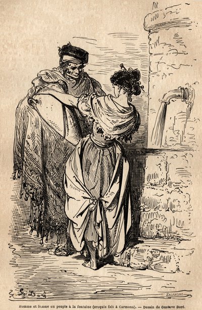 Man and woman of the people has the fountain, in Carmona, village near Seville. Sketch taken on the live by Gustave Dore (1832-1883). Engraving to illustrate the voyage in Spain, in 1862 by Charles Davillier and Gustave Dore, in “Le tour du monde, nouveau  作者 古斯塔夫·多尔（Gustave Dore）