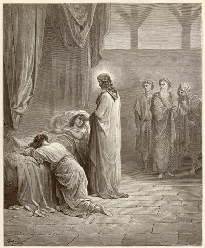 奇迹。耶稣基督治愈了耶鲁（Jairus或Jairos）的女儿。古斯塔夫-多尔（Gustave Dore，1832-1883）绘制的《圣经》中的雕版画。 作者 古斯塔夫·多尔（Gustave Dore）