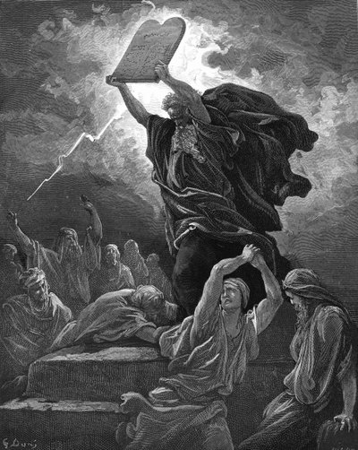 摩西打破律法的石板，雕刻。- 圣经 作者 古斯塔夫·多尔（Gustave Dore）