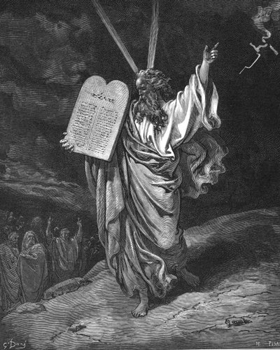 摩西带着法版（十诫）从西奈山下来。 出埃及记 5.35。 古斯塔夫·多尔（Gustave Dore，1832-1883 年）为《圣经》绘制的插图（伦敦，1866 年）。 木雕。 作者 Gustave Dore