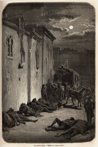 在哈恩的一个接力赛中的一个晚上。古斯塔夫-多尔（Gustave Dore，1832-1883）绘制的图画，用于说明他1862年与Ch.Davillier的西班牙之旅。雕刻在《世界之旅》中，由Edouard Charton编辑。 作者 Gustave Dore