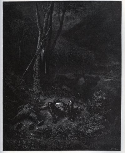 逃犯之一吉尼斯-德-帕萨蒙（Gines de Passamont）在两个旅行者睡觉时偷了桑丘-潘沙的驴子--来自米格尔-塞万提斯（1547-1616）的《堂吉诃德》（Don Quixote de la Mancha）--根据古斯塔夫-多尔的画作绘制的木刻版画。 作者 古斯塔夫·多尔（Gustave Dore）