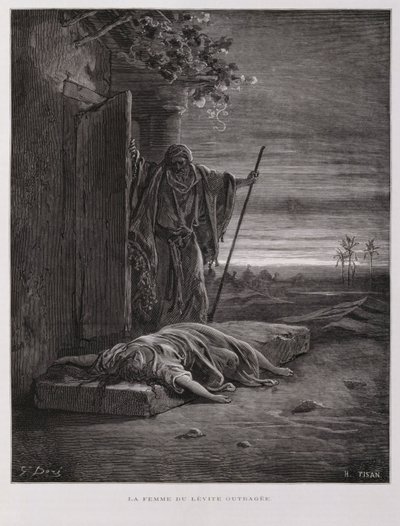 基比亚的愤怒，利未人背着死去的小妾离开，插图来自多尔圣经 作者 古斯塔夫·多尔（Gustave Dore）