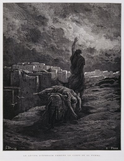 基比亚的愤怒，利未人背着死去的小妾离开，插图来自多尔圣经 作者 Gustave Dore