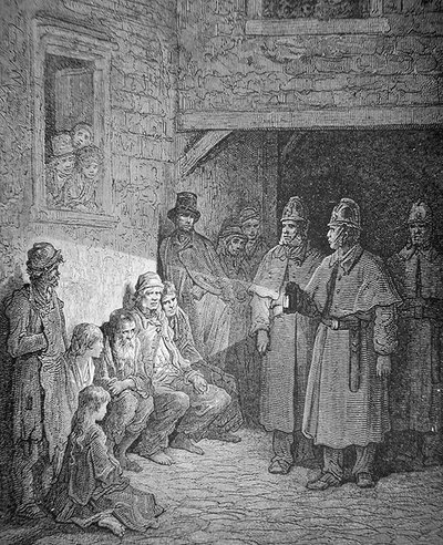 在伦敦Rookery巡逻的警察，由Stephane Pannemaker（1847-1930）雕刻。 作者 古斯塔夫·多尔（Gustave Dore）