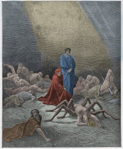 Purgatorio，Canto 12：但丁观看Arachne的灵魂，来自Dante Alighieri的“神曲”的插图，1885年 作者 古斯塔夫·多尔（Gustave Dore）