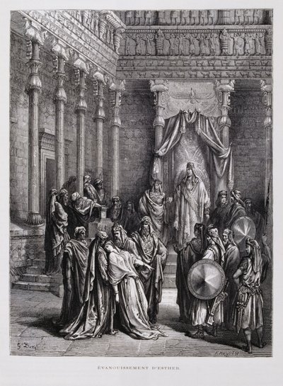 以斯帖王后在国王面前晕倒，插图选自《多尔圣经 作者 古斯塔夫·多尔（Gustave Dore）