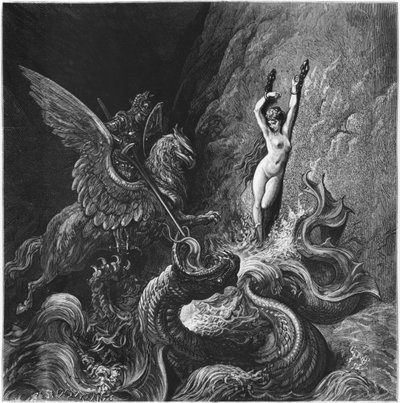 Ruggiero救出Angelica，插图来自Ludovico Ariosto（1474-1533）的《Orlando Furioso》第十节，1888年在巴黎出版（雕刻）。 作者 古斯塔夫·多尔（Gustave Dore）