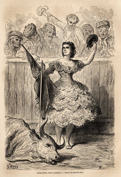 Scene of bullfighting: the triumph of Teresa Bolsi, Andalusian torrera, saluting the assembly that acclaim him in Seville. Sketch taken on the live by Gustave Dore (1832-1883). Engraving to illustrate the voyage in Spain, in 1862 by Charles Davillier and G 作者 古斯塔夫·多尔（Gustave Dore）