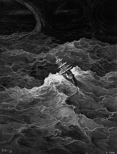在风雨如磐的大海中航行，由ST Coleridge撰写的“古代水手的风筝”，由ST Coleridge出版，由纽约Harper und Brothers出版，1876年（木版画） 作者 古斯塔夫·多尔（Gustave Dore）